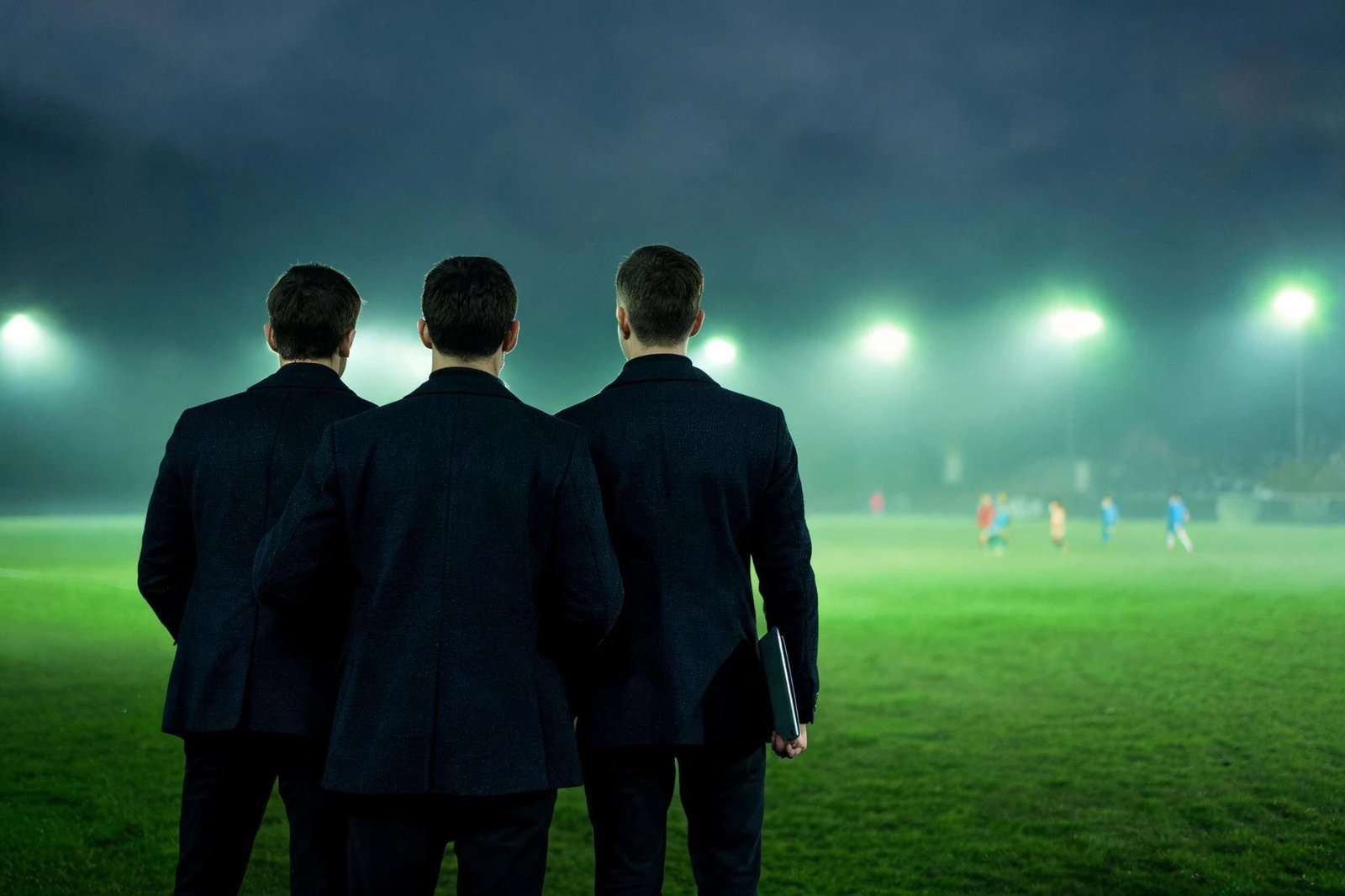 Trois hommes en costume observent un match en nocturne depuis le bord du terrain