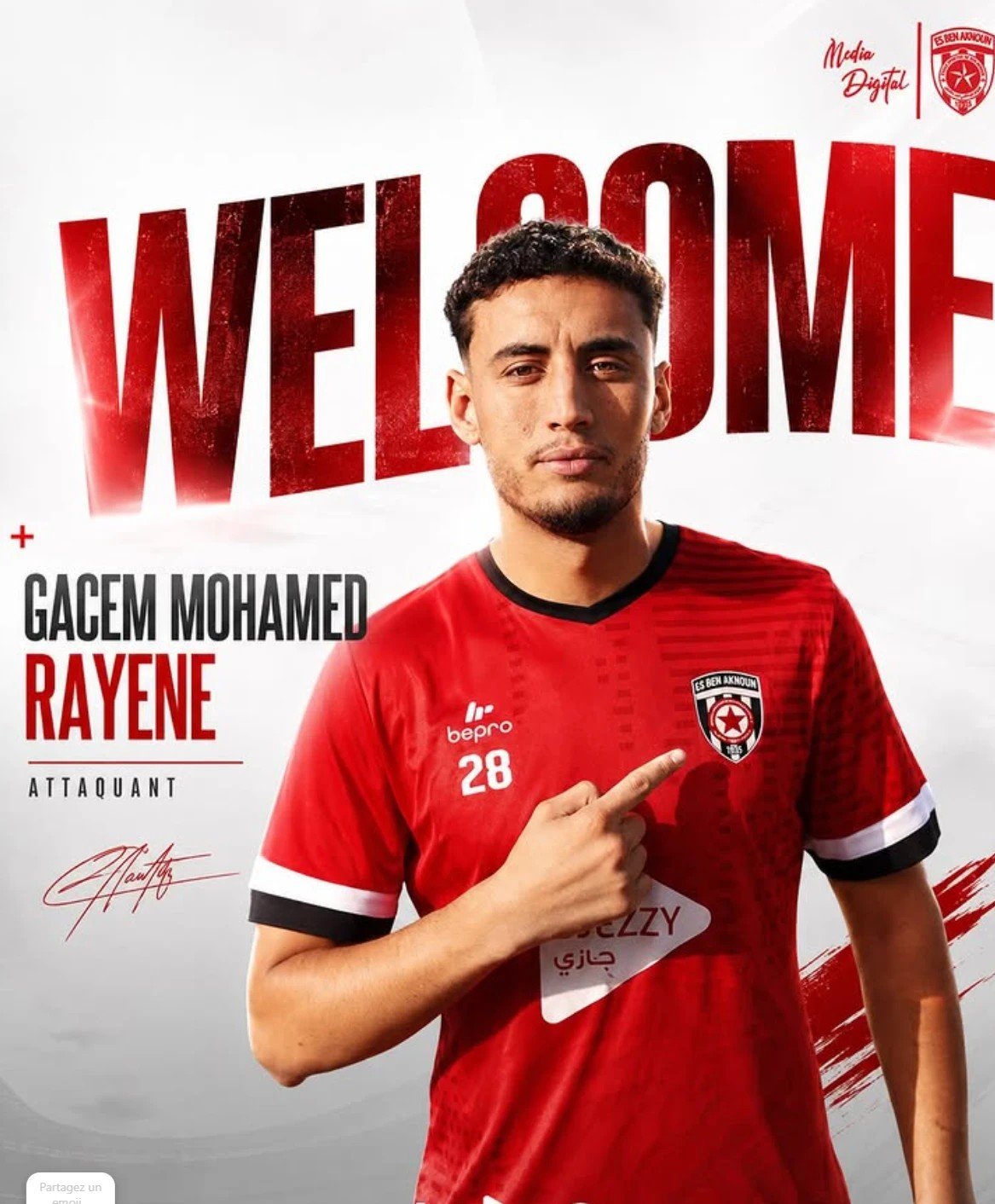 Visuel de bienvenue de Rayane Gacem, attaquant, à l’ES Ben Aknoun
