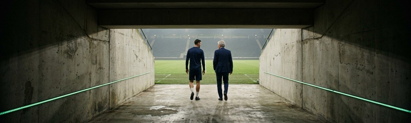 Um jogador e o seu agente caminham pelo túnel em direção ao relvado de um estádio